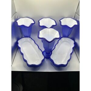 Vintage Cobalt Blue Milk Glass Ice Cream Sundae Cups Banana Split Boats 10pc Set